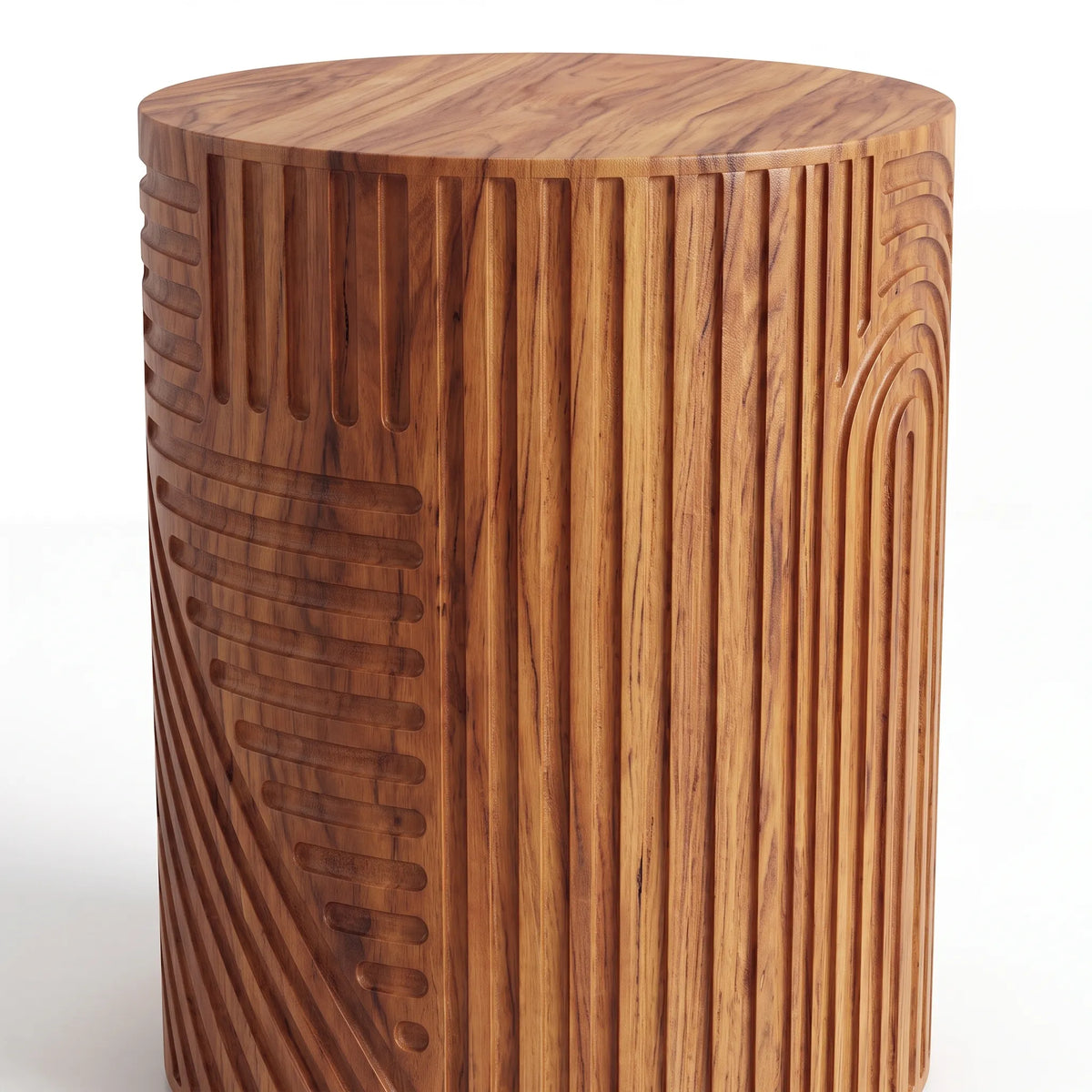 Mesa Lateral Cilíndrica Esculpida en Madera con Relieve Geométrico - Detalle de Ensamble | LEMICH Alta Ebanistería Residencial