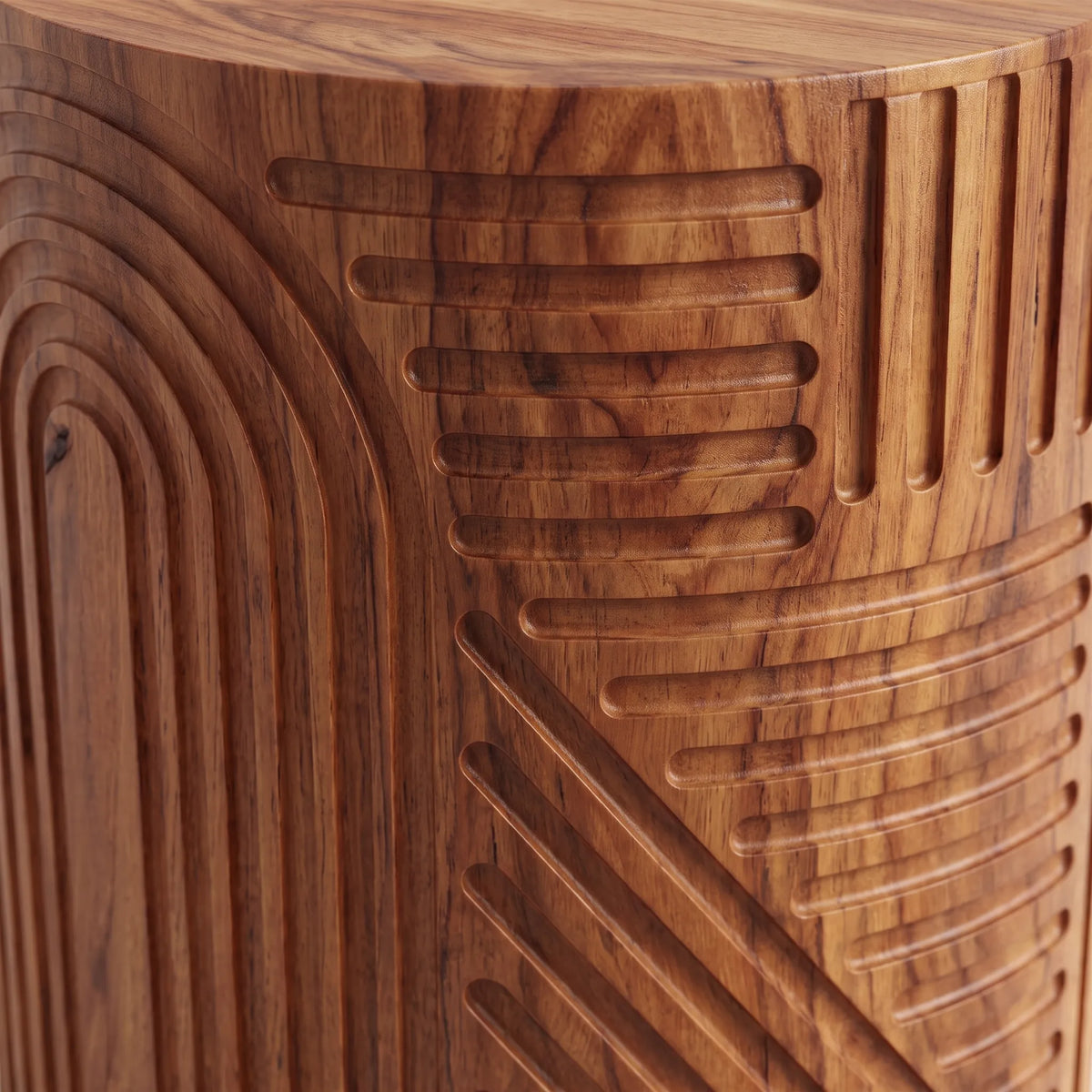 Mesa Lateral Cilíndrica Esculpida en Madera con Relieve Geométrico - Detalle de Ensamble | LEMICH Alta Ebanistería Residencial