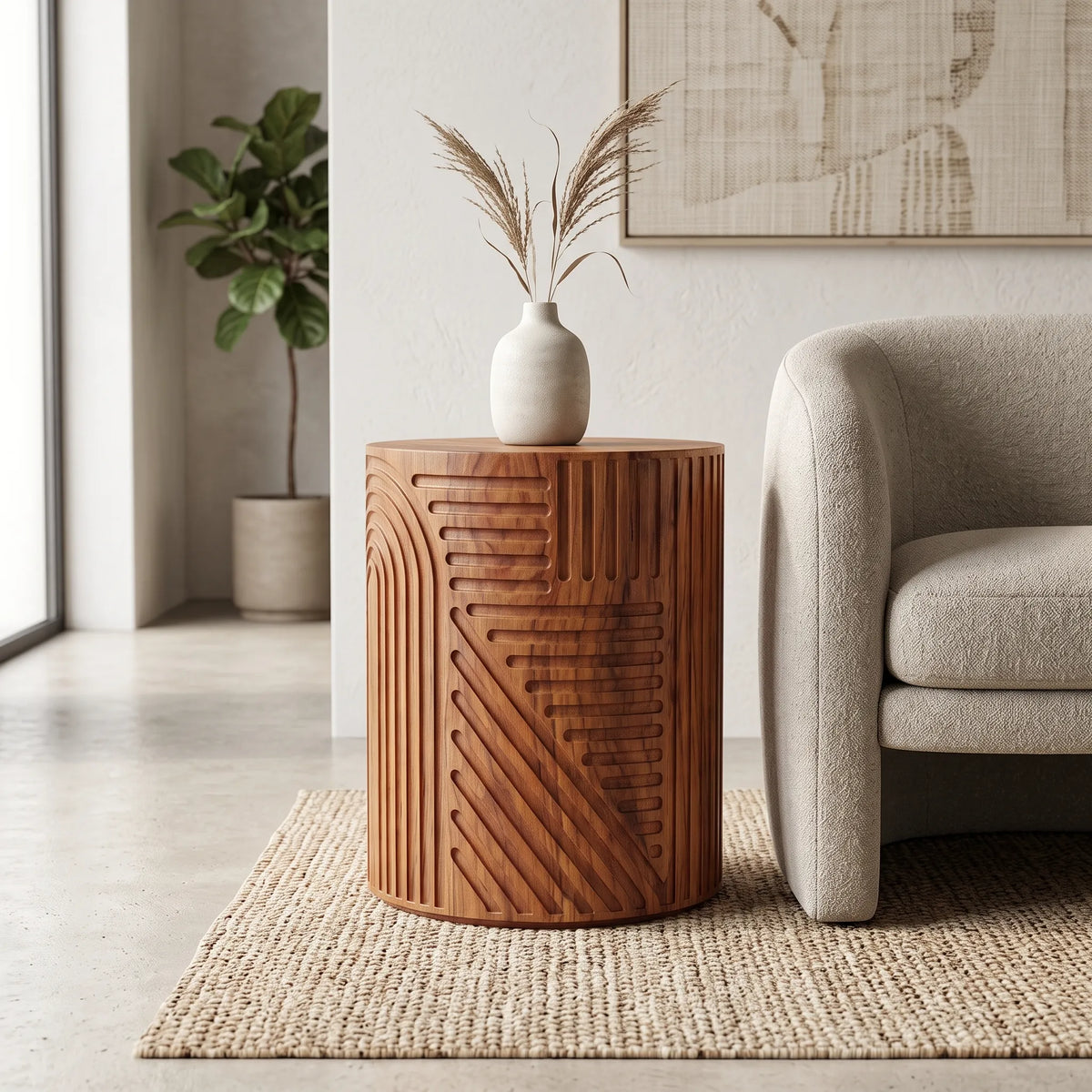 Mesa Lateral Cilíndrica Esculpida en Madera con Relieve Geométrico - Ambientada | LEMICH Alta Ebanistería Residencial