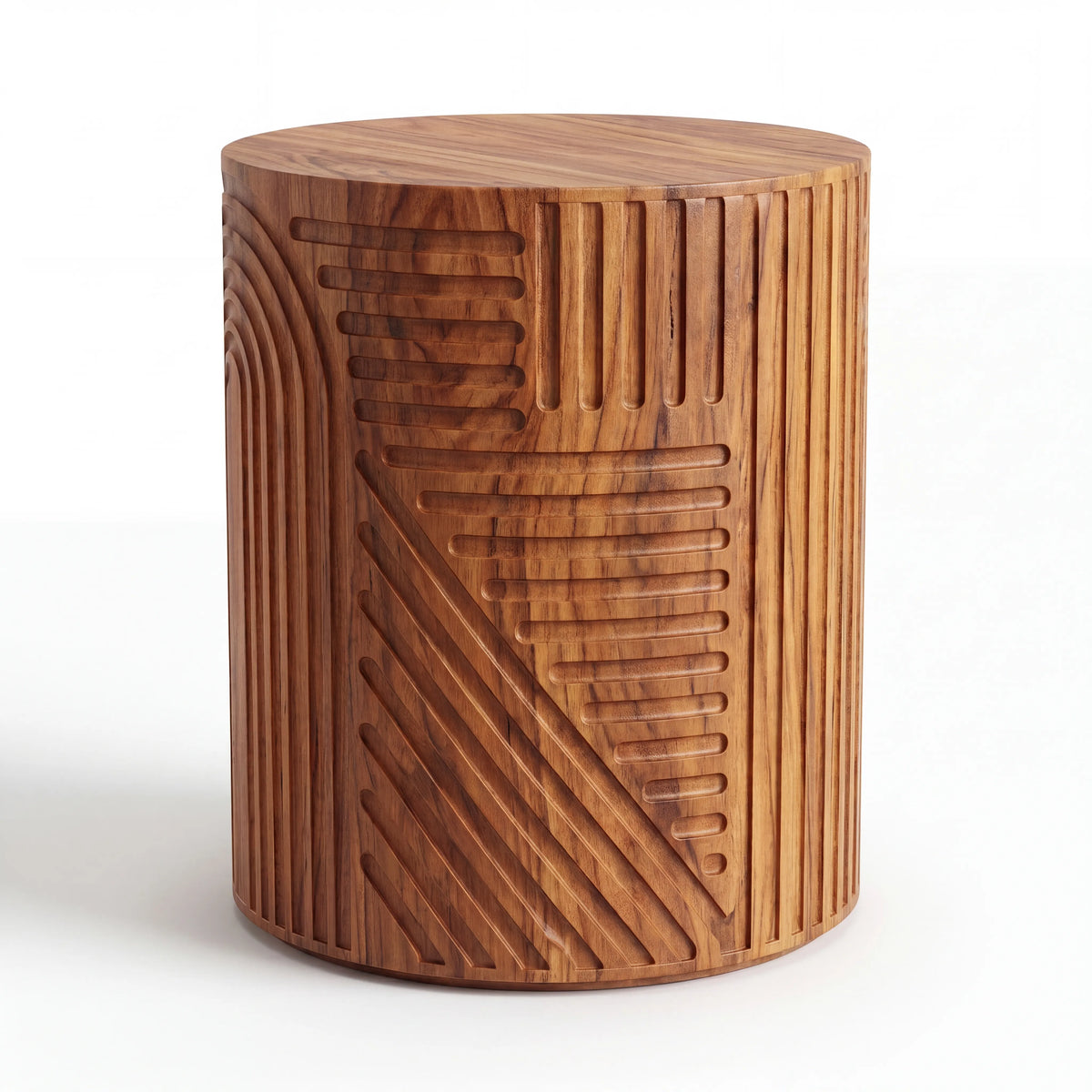 Mesa Lateral Cilíndrica Esculpida en Madera con Relieve Geométrico - Hero Portada | LEMICH Alta Ebanistería Residencial