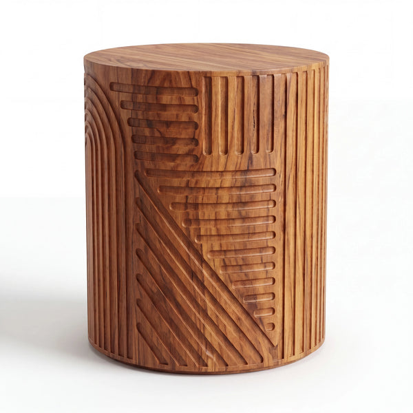 Mesa Lateral Cilíndrica Esculpida en Madera con Relieve Geométrico - Hero Portada | LEMICH Alta Ebanistería Residencial