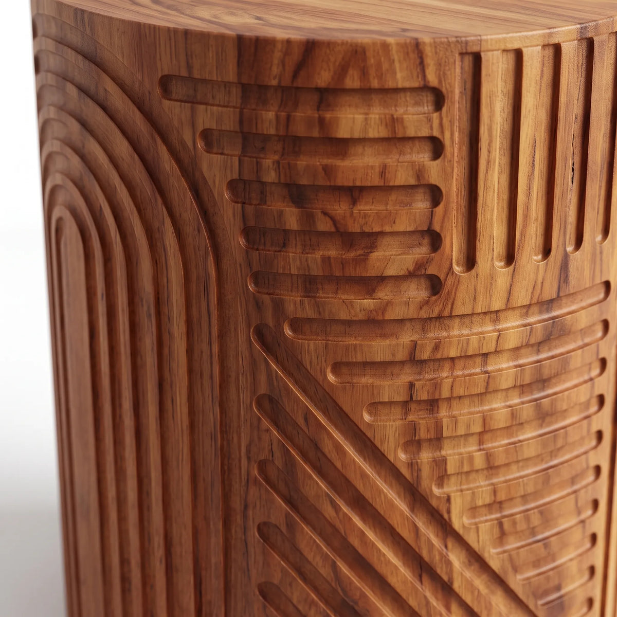 Mesa Lateral Cilíndrica Esculpida en Madera con Relieve Geométrico - Detalle de Ensamble | LEMICH Alta Ebanistería Residencial