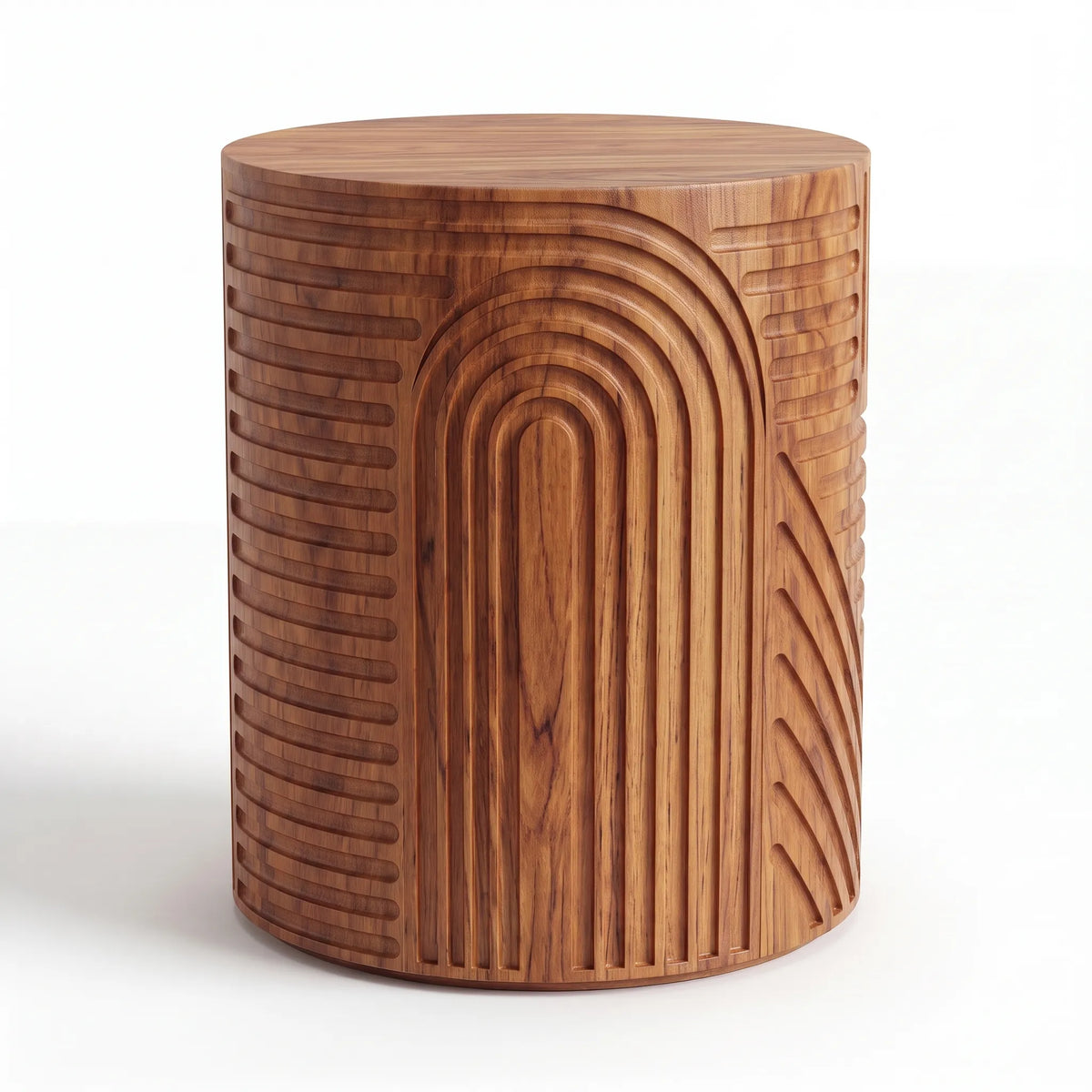 Mesa Lateral Cilíndrica Esculpida en Madera con Relieve Geométrico - Detalle de Ensamble | LEMICH Alta Ebanistería Residencial