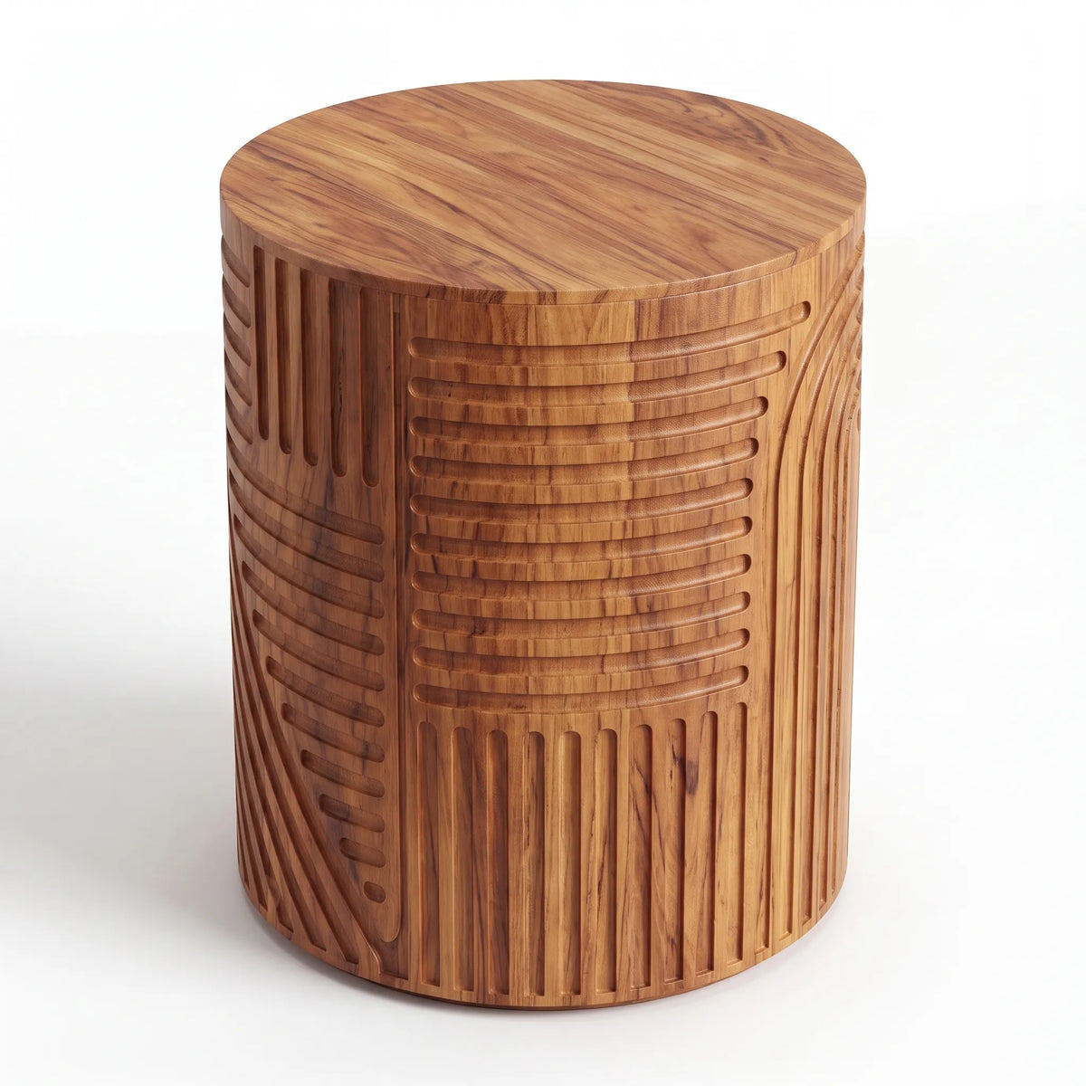 Mesa Lateral Cilíndrica Esculpida en Madera con Relieve Geométrico - Detalle de Ensamble | LEMICH Alta Ebanistería Residencial