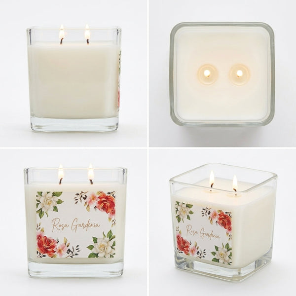 Vela aromática Rosa gardenia floral 400 gramos en madera noble, vista principal completa