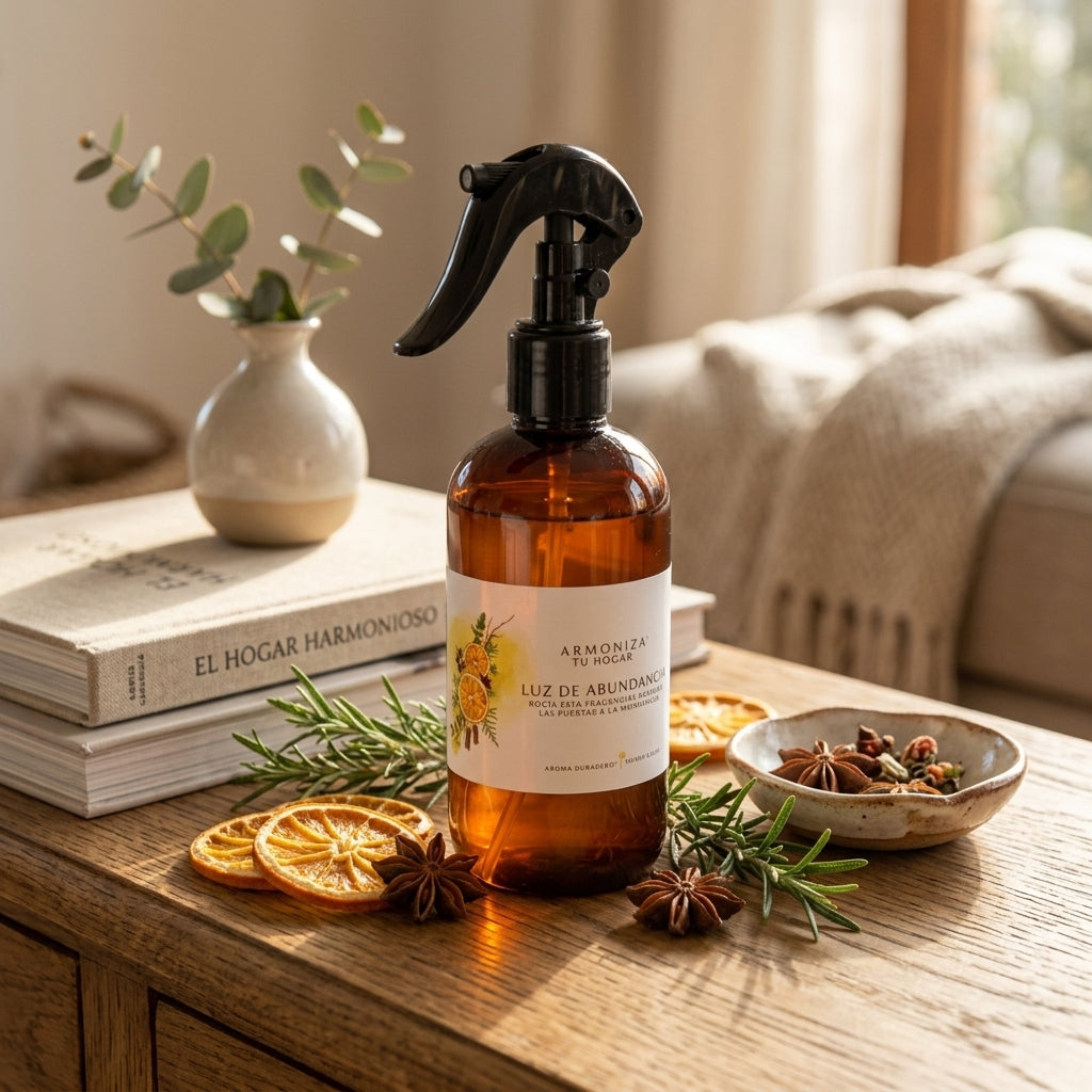 Detalle de la veta natural y acabado de madera noble en Colección Prospera: Spray Aromatizante de Abundancia
