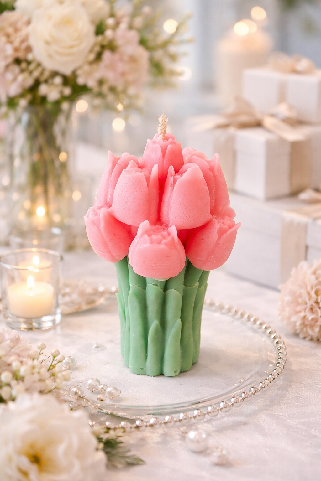 Souvenir 12 pzas velas en ramo de tulipán rosa