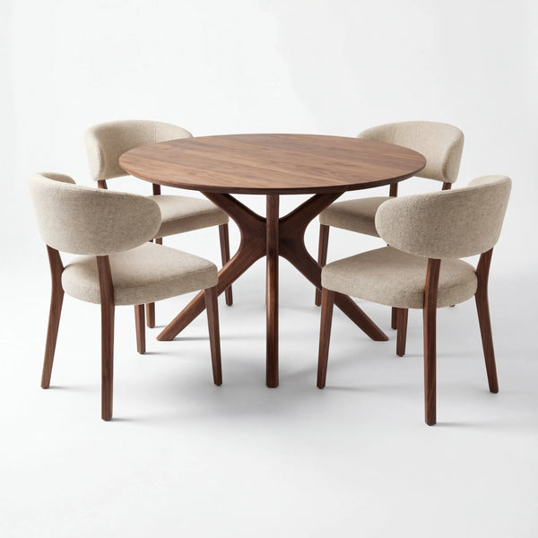 Comedor Brera en Nogal Natural y Rosa Morada Sólida en nogal americano, vista principal completa