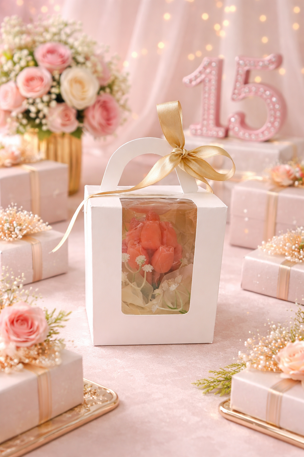 Souvenir 12 pzas velas en ramo de tulipán rosa