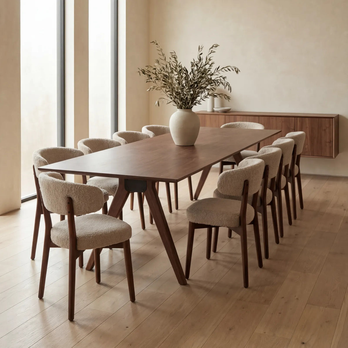 Comedor Doran en Nogal con detalles en Rosa Morada Sólida · Presencia Escultórica