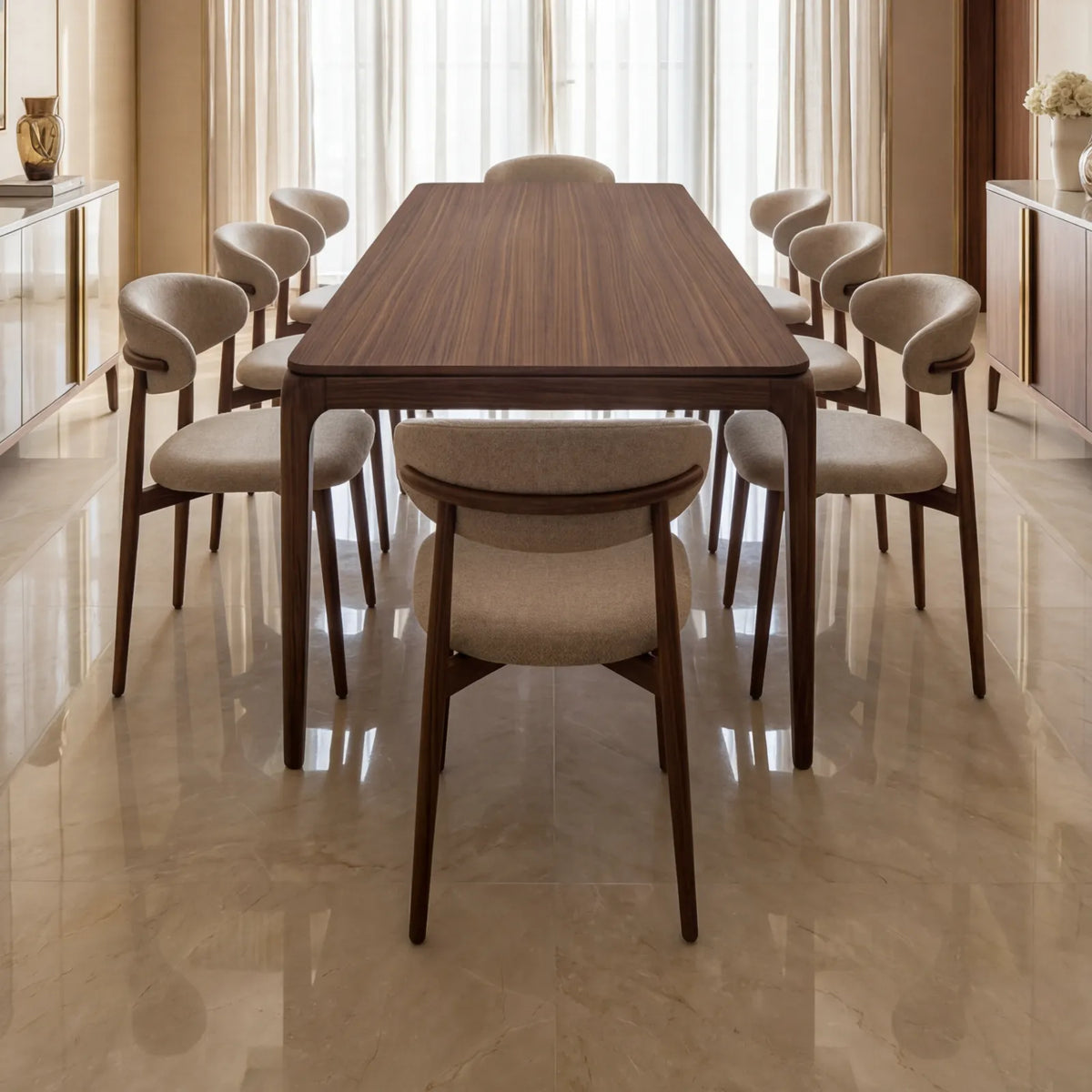 Mesa de Comedor Orizzonte para 8 sillas en Nogal y Rosa Morada · Escultural