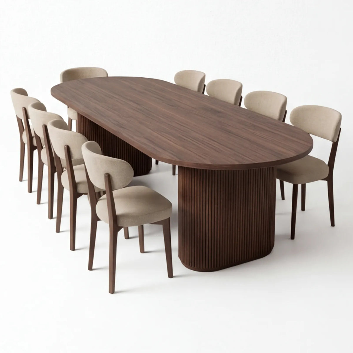 Comedor Othel en Nogal con Sillas en Rosa Morada Sólida · Escultural