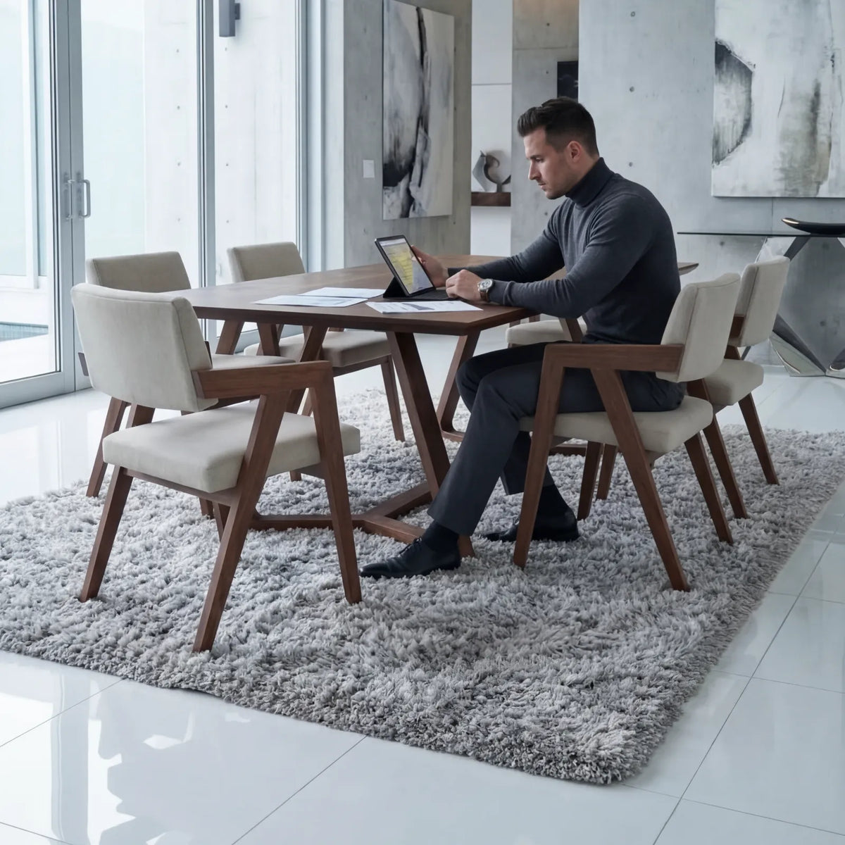 Mesa de Comedor Roven para 6 sillas en Nogal y Rosa Morada Sólida · Presencia Arquitectónica