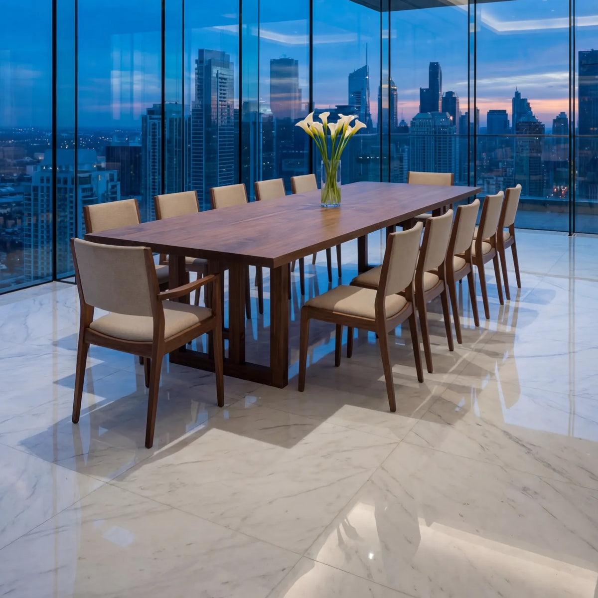 Mesa de Comedor Solstis para 12 sillas en Nogal con base de Rosa Morada Sólida · Silueta Arquitectónica