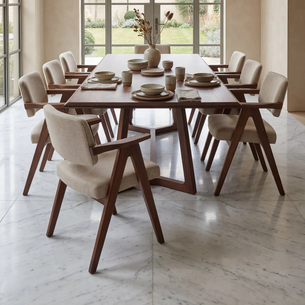 Mesa de Comedor Valente para 8 sillas en Nogal y Rosa Morada Sólida · Escultural