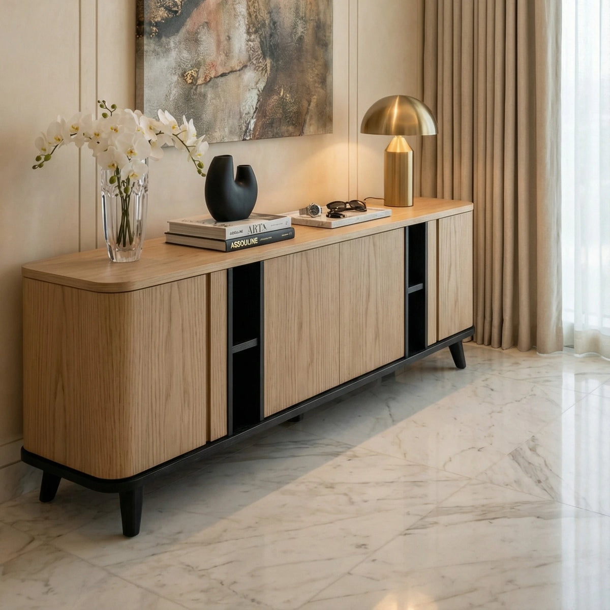 Buffet Capri – Credenza en Encino Claro con Detalles Negros