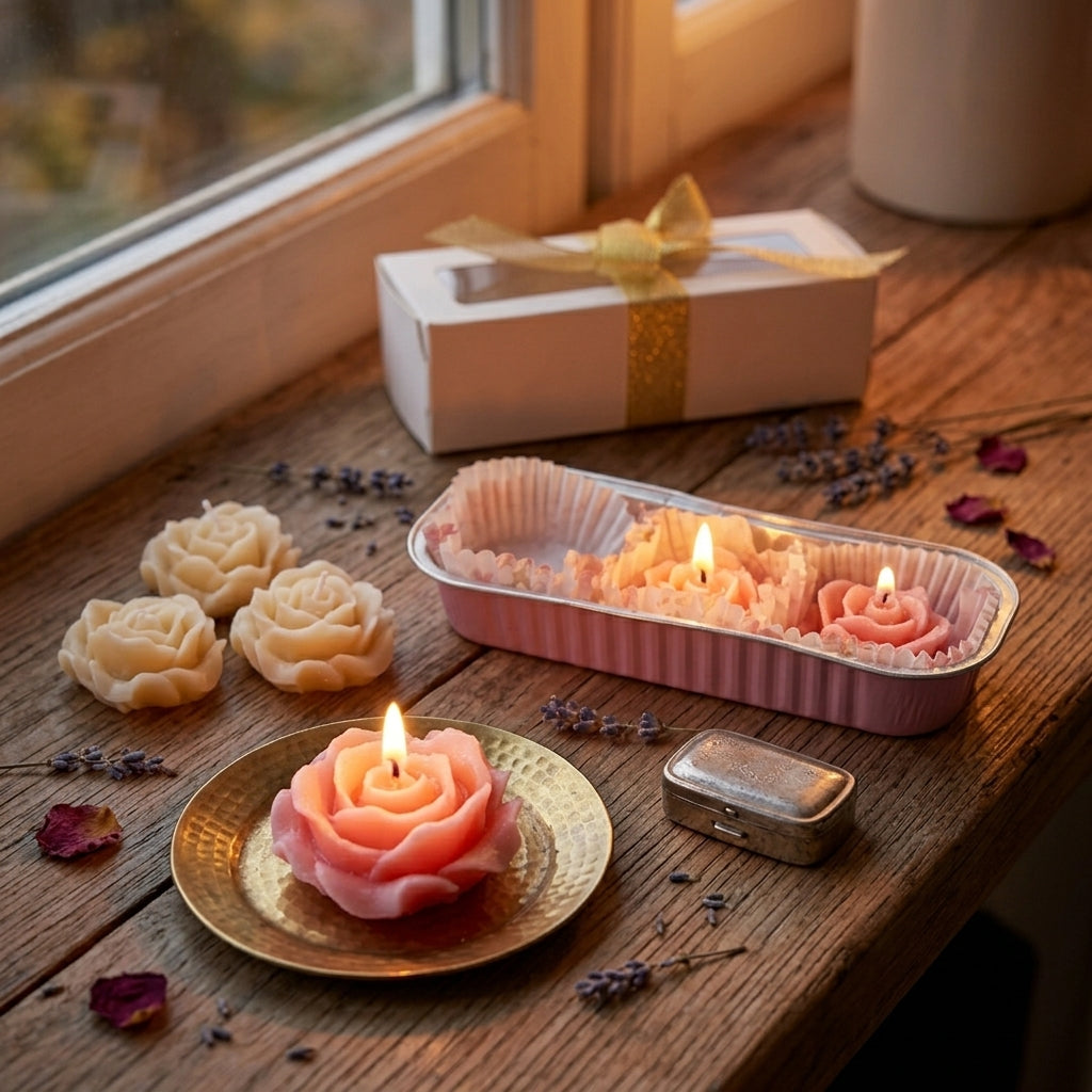 Velas en forma de rosas 3 pzas aroma rosas frescas.