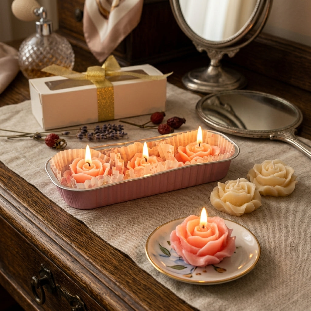Velas en forma de rosas 3 pzas aroma rosas frescas.