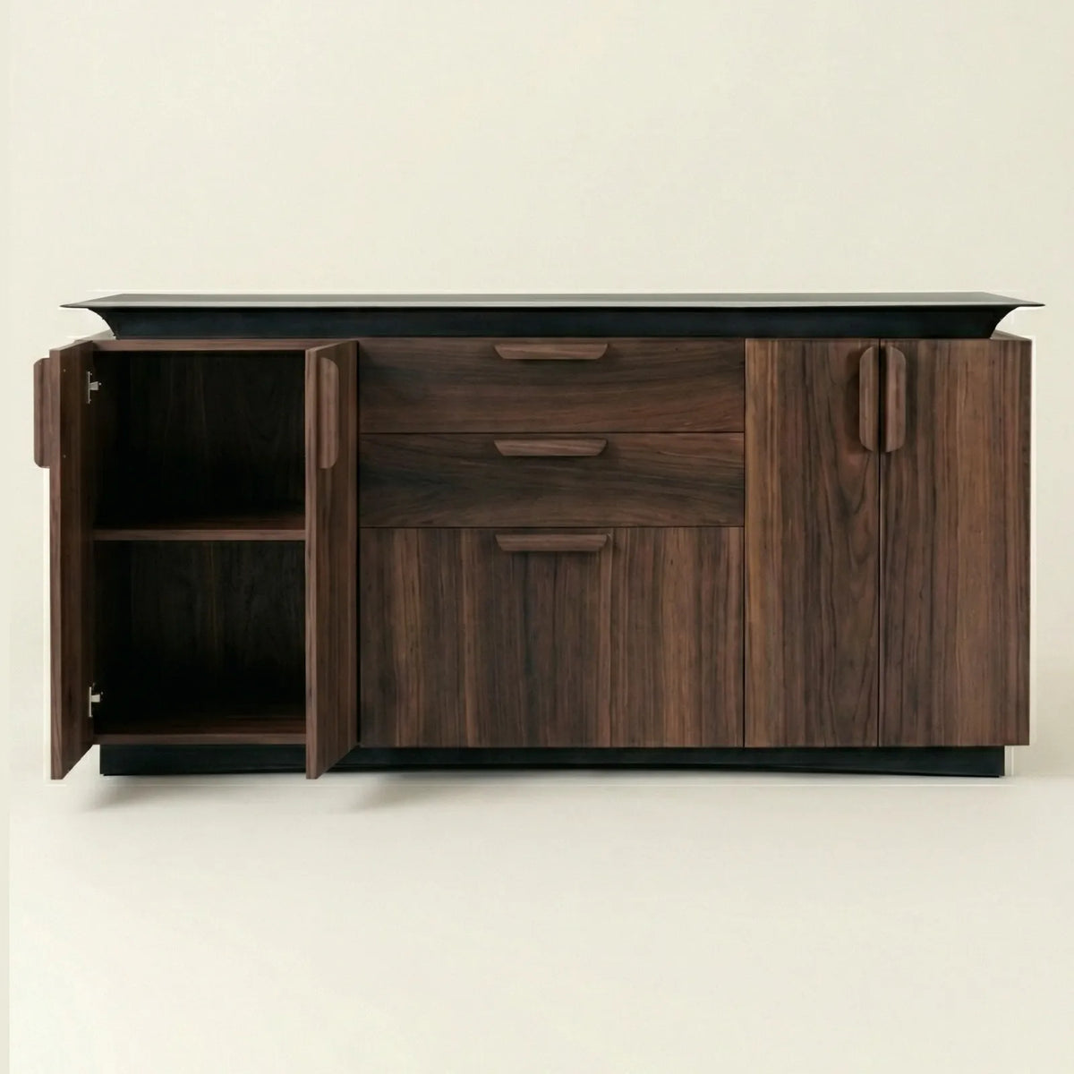 Buffet Matera – Credenza en Nogal con Cubierta Negra Angular