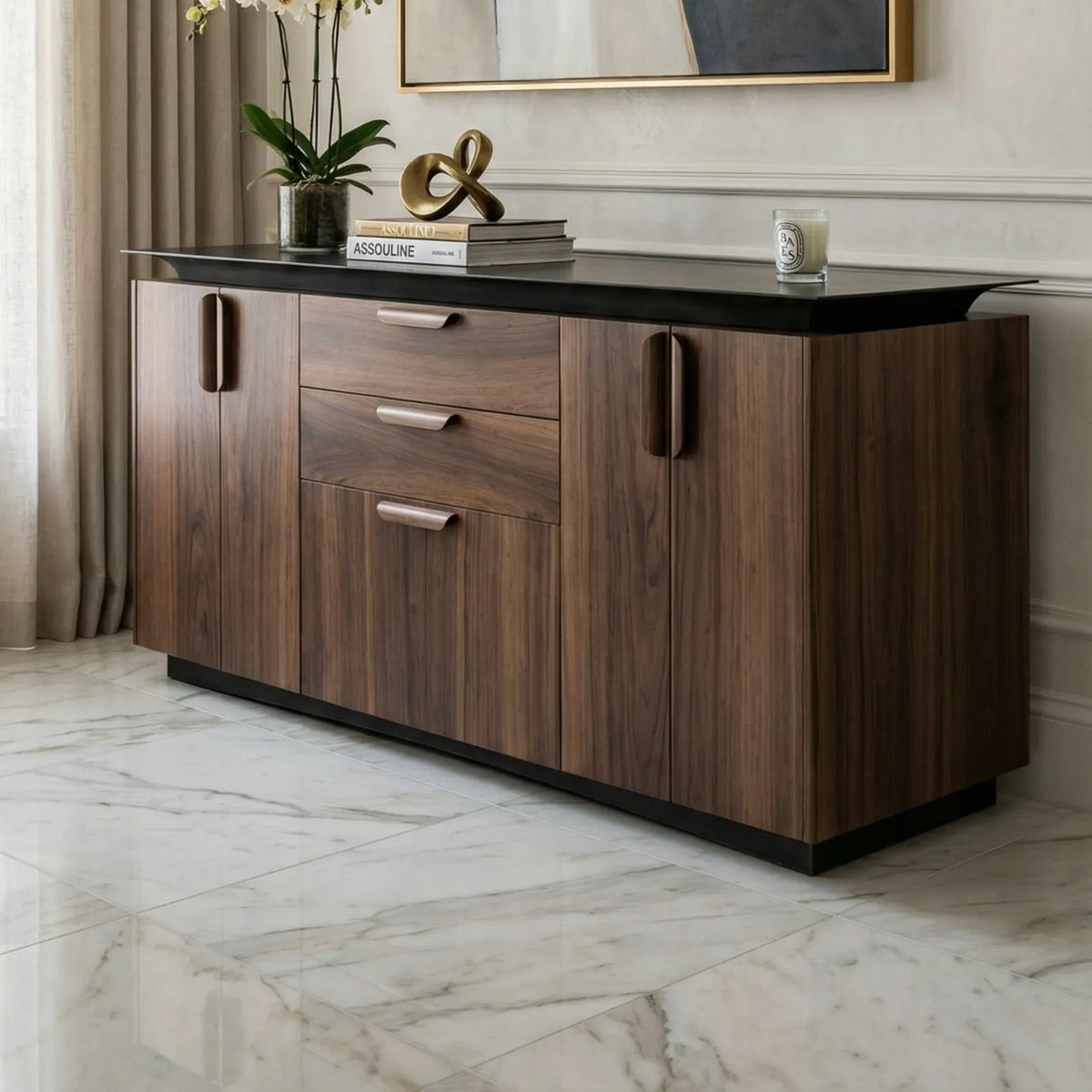 Buffet Matera – Credenza en Nogal con Cubierta Negra Angular