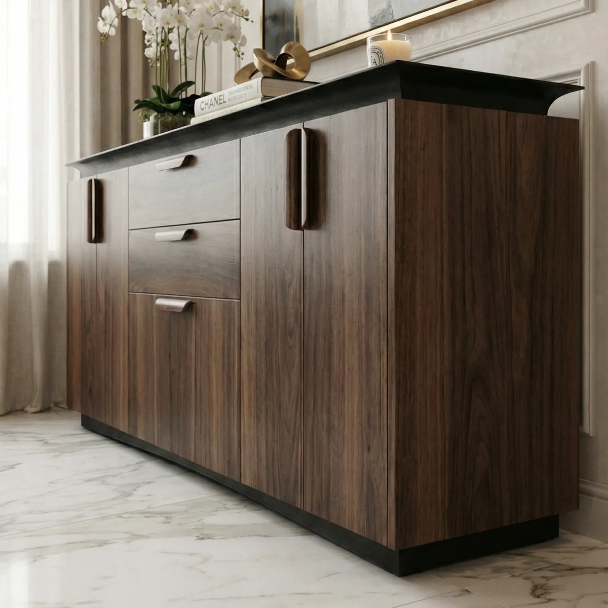 Buffet Matera – Credenza en Nogal con Cubierta Negra Angular