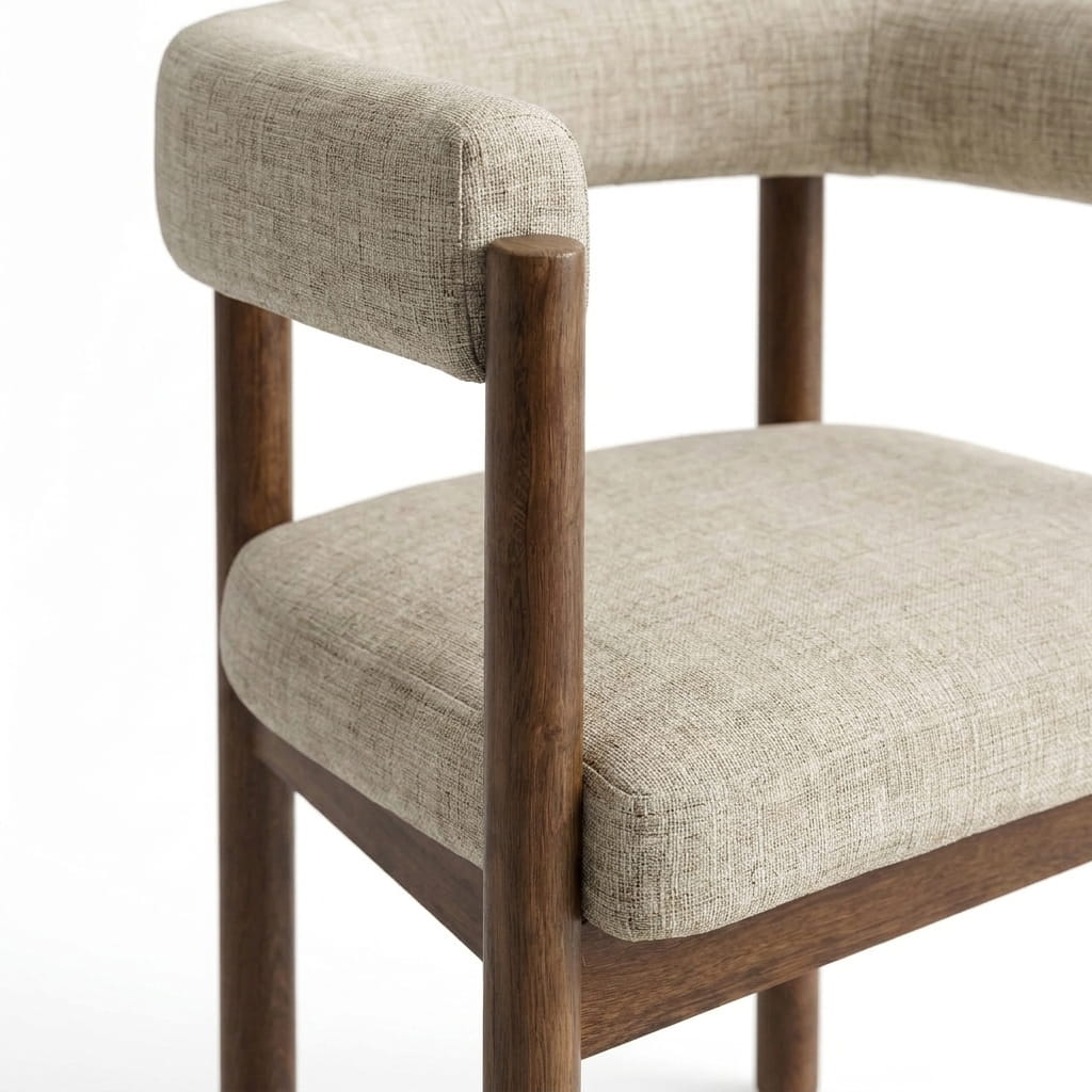 Detalle de la veta natural y acabado de madera noble en Silla Caelum en Madera Sólida y Textil Bouclé