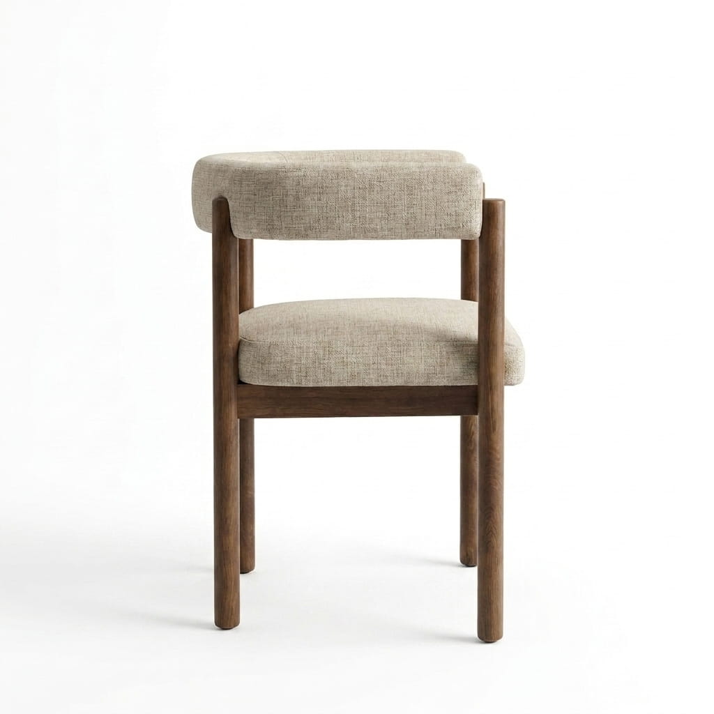 Vista de escala y proporciones de Silla Caelum en Madera Sólida y Textil Bouclé