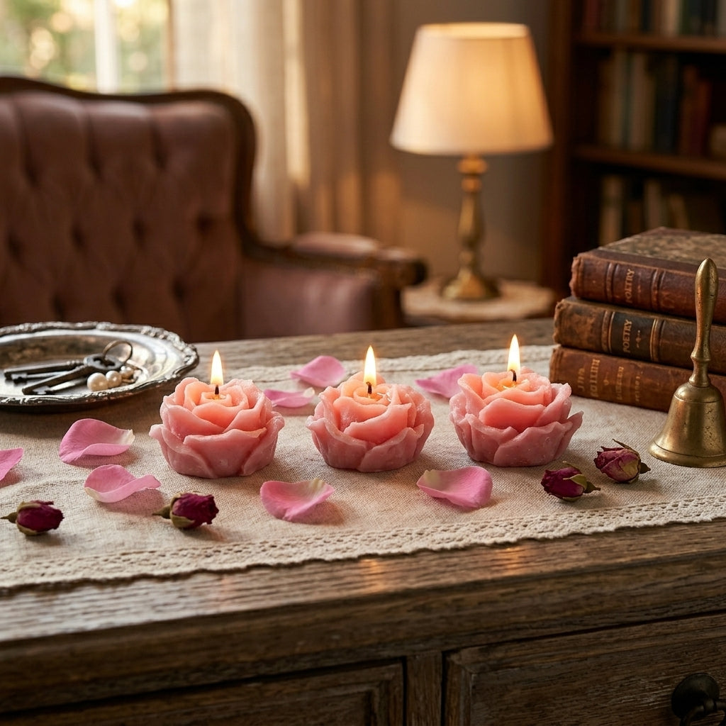 Velas en forma de rosas 3 pzas aroma rosas frescas.