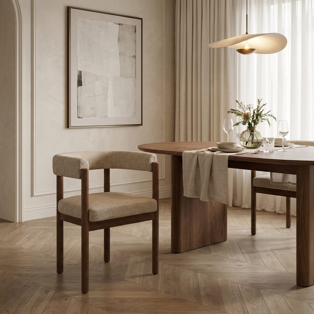 Geometría y perspectiva en ángulo 3/4 de Silla Caelum en Madera Sólida y Textil Bouclé