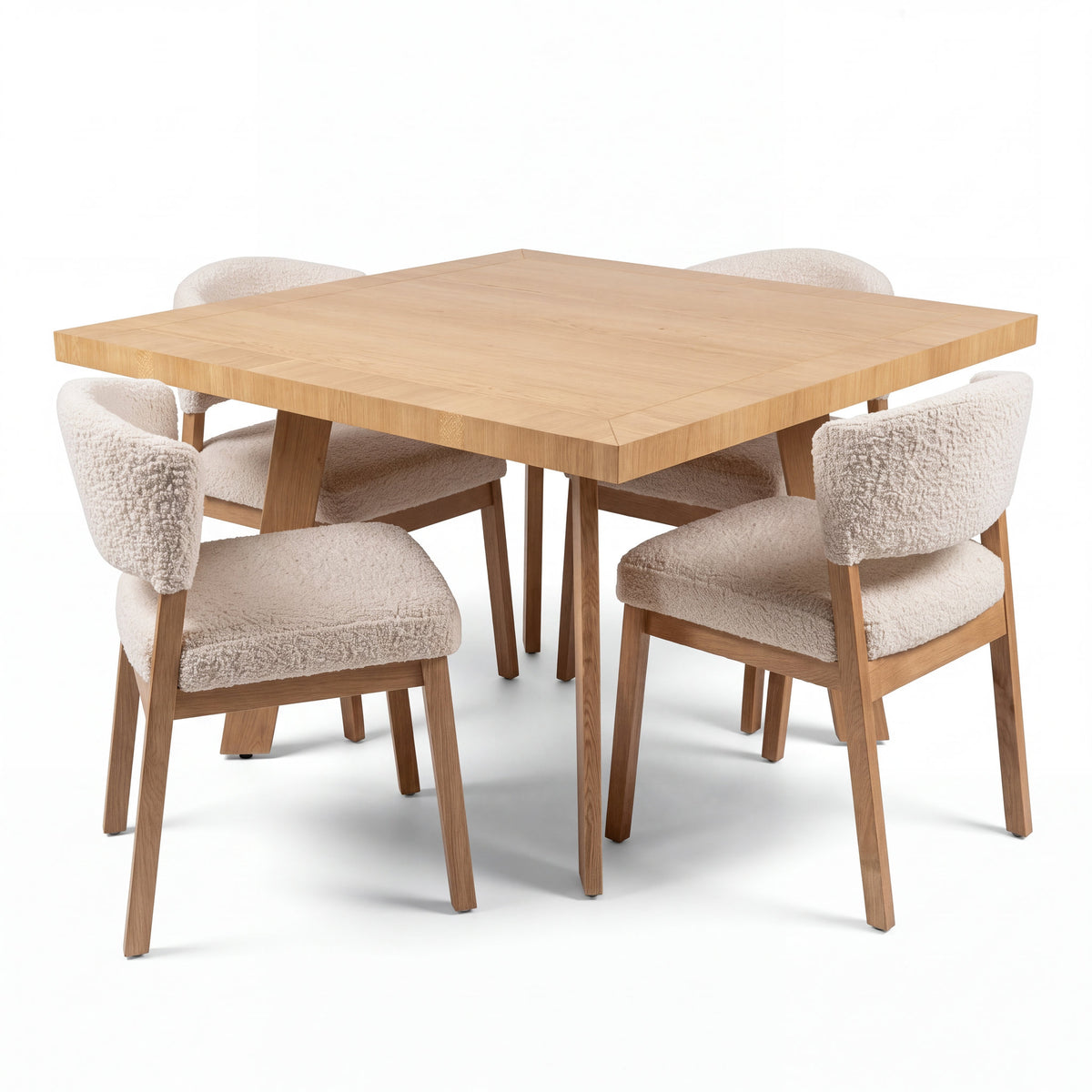 Comedor Elara en Encino con Detalles en Madera Sólida · Punto Focal Arquitectónico - Set completo de comedor mesa y sillas en fondo blanco | LEMICH Muebles de Lujo Ocotlán