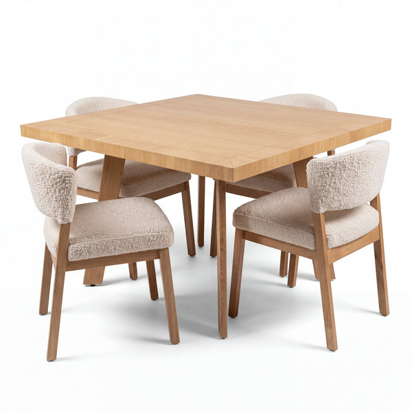 Comedor Elara en Encino con Detalles en Madera Sólida · Punto Focal Arquitectónico - Set completo de comedor mesa y sillas en fondo blanco | LEMICH Muebles de Lujo Ocotlán