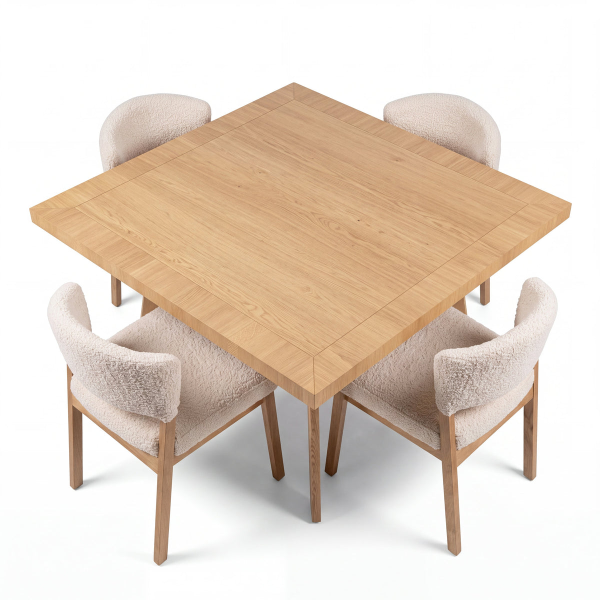 Comedor Elara en Encino con Detalles en Madera Sólida · Punto Focal Arquitectónico - Vista isométrica superior de cubierta y sillas | LEMICH Muebles de Lujo Ocotlán