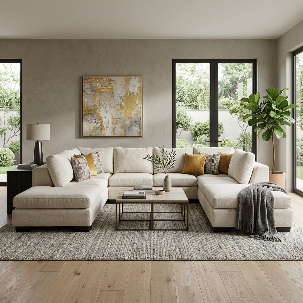 Gran Sala Seccional Roma en U con Doble Chaise Lounge - Ambientada Panorámica - Salón Integrado | LEMICH Muebles de Lujo