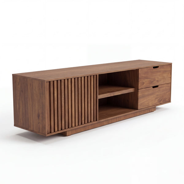 Mueble de TV Velin Nogal · Diseño Minimalista - Perspectiva principal tres cuartos en fondo blanco | LEMICH Muebles de Lujo Ocotlán