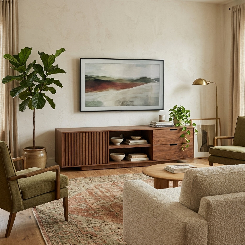 Mueble de TV Velin Nogal · Diseño Minimalista - Ambientado en salón contemporáneo residencial con arte botánico | LEMICH Muebles de Lujo Ocotlán