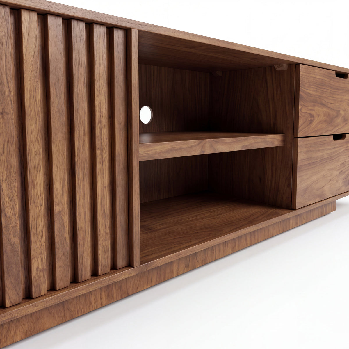 Mueble de TV Velin Nogal · Diseño Minimalista - Vista frontal simétrica en fondo blanco | LEMICH Muebles de Lujo Ocotlán