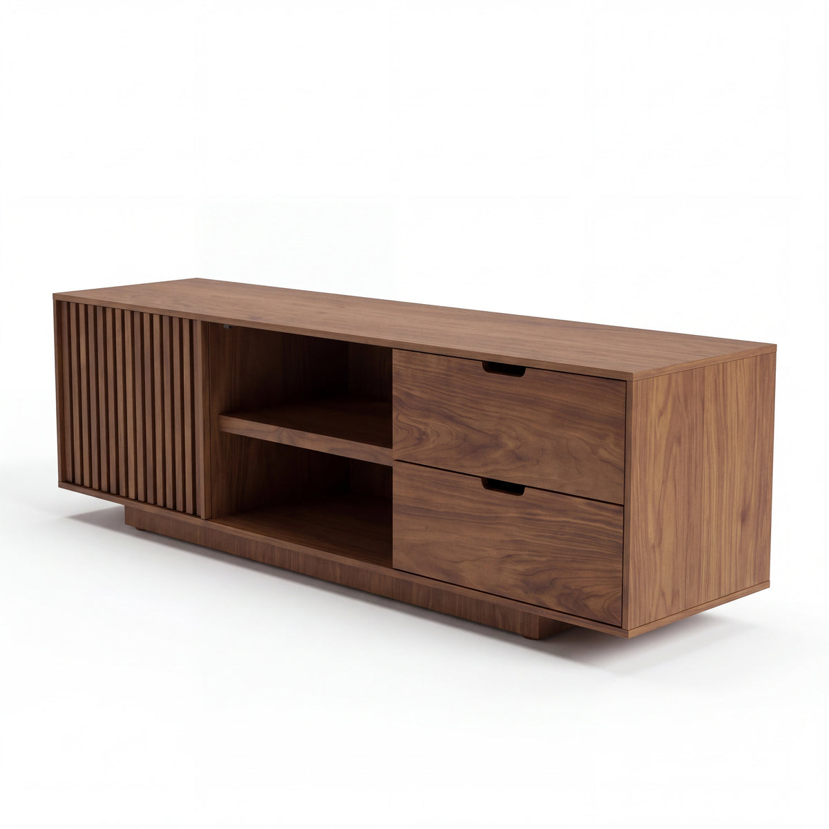 Mueble de TV Velin Nogal · Diseño Minimalista - Perspectiva tres cuartos con distribución de repisas | LEMICH Muebles de Lujo Ocotlán