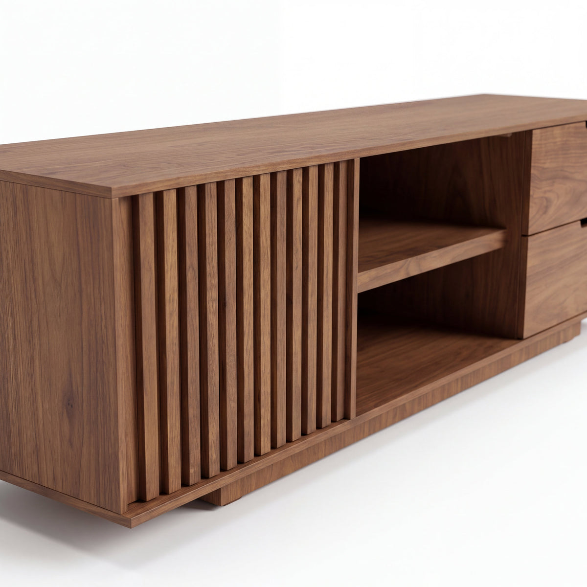 Mueble de TV Velin Nogal · Diseño Minimalista - Detalle artesanal de puerta corrediza alistonada en nogal | LEMICH Muebles de Lujo Ocotlán
