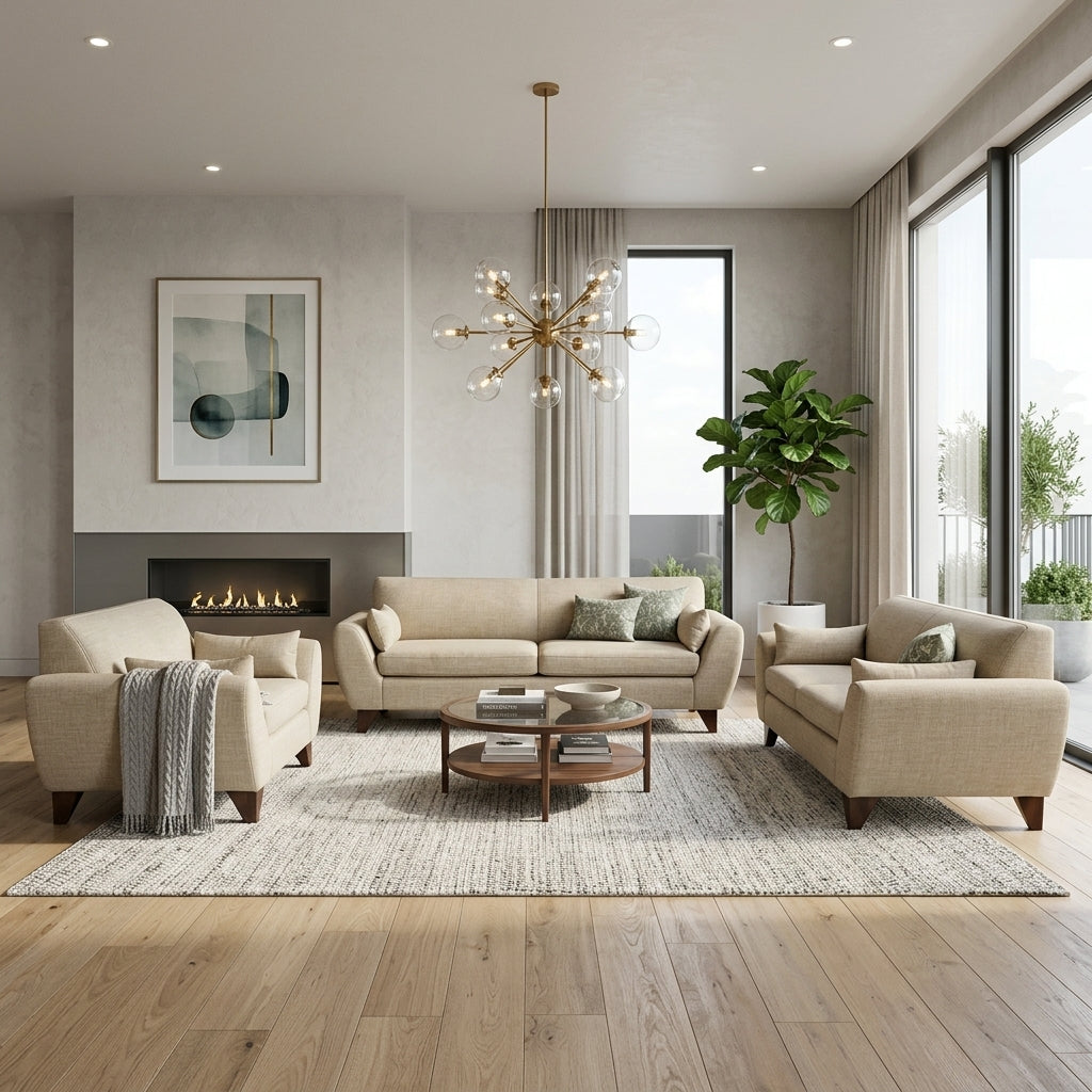 Sala Clásica Marcella en Lino Natural y Patas de Encino - Ambientada Editorial - Espacio Residencial | LEMICH Muebles de Lujo