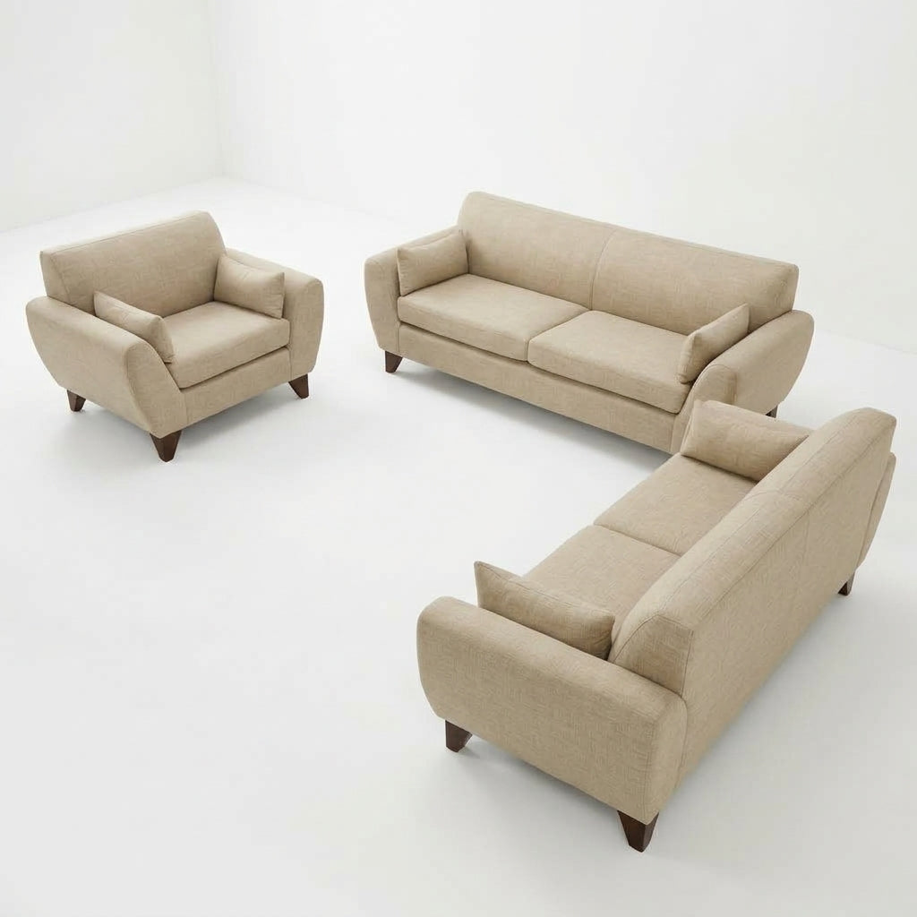 Sala Clásica Marcella en Lino Natural y Patas de Encino - Perspectiva Fondo Blanco | LEMICH Muebles de Lujo