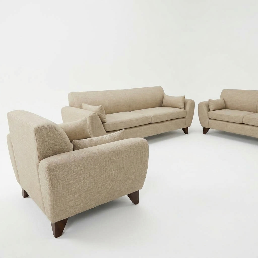 Sala Clásica Marcella en Lino Natural y Patas de Encino - Perspectiva Fondo Blanco | LEMICH Muebles de Lujo