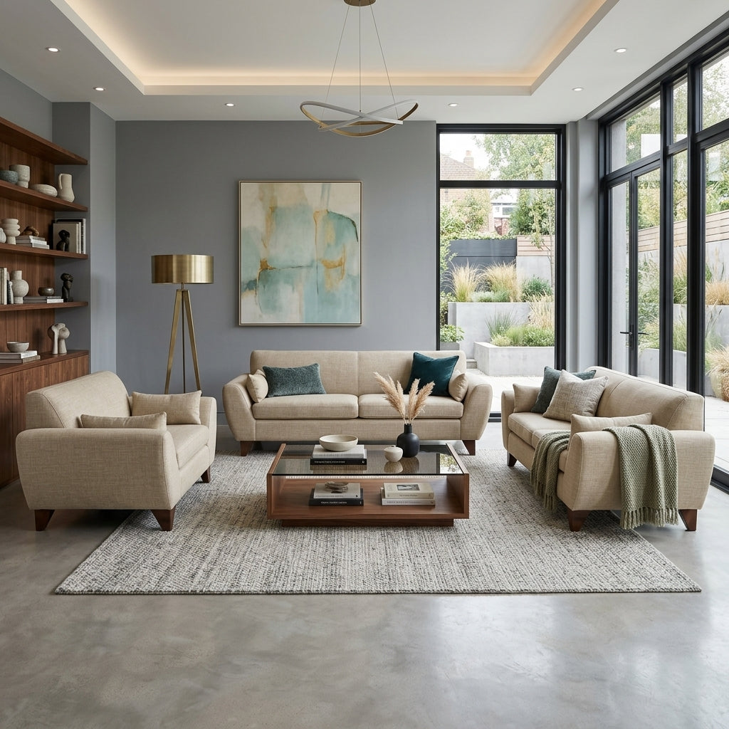 Sala Clásica Marcella en Lino Natural y Patas de Encino - Ambientada Panorámica - Salón Integrado | LEMICH Muebles de Lujo