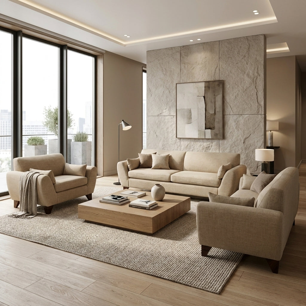 Sala Clásica Marcella en Lino Natural y Patas de Encino - Ambientada Panorámica - Salón Integrado | LEMICH Muebles de Lujo