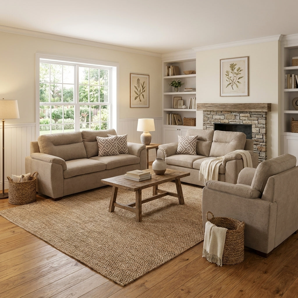 Sala Confortevole Marina en Suede Capuchino con Brazos Acolchados - Ambientada Editorial - Espacio Residencial | LEMICH Muebles de Lujo