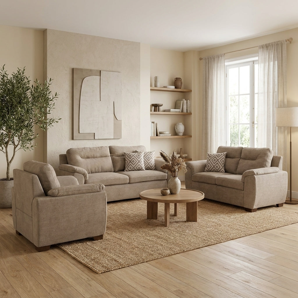 Sala Confortevole Marina en Suede Capuchino con Brazos Acolchados - Ambientada Panorámica - Salón Integrado | LEMICH Muebles de Lujo