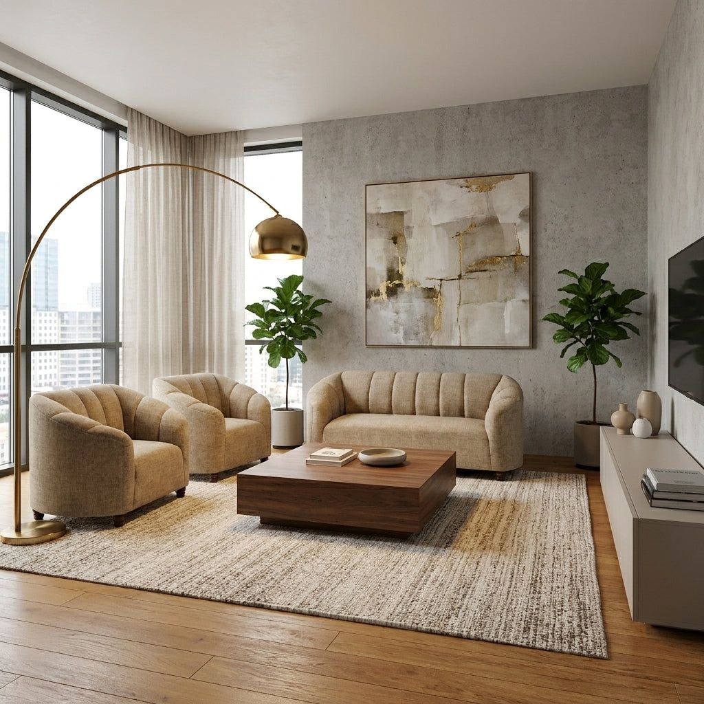 Sala Escultórica Nuvola en Bouclé Crema con Respaldo Canalé - Ambientada Editorial - Espacio Residencial | LEMICH Muebles de Lujo