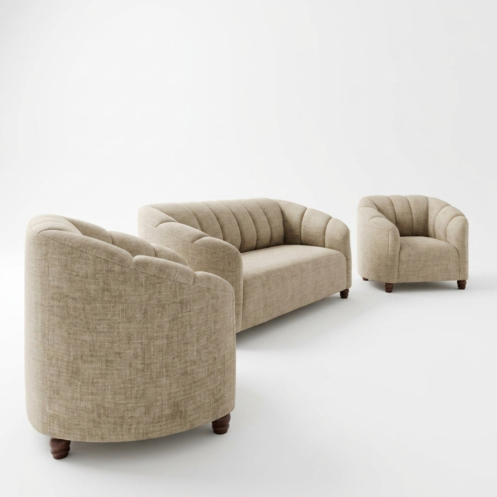 Sala Escultórica Nuvola en Bouclé Crema con Respaldo Canalé - Perspectiva Fondo Blanco | LEMICH Muebles de Lujo
