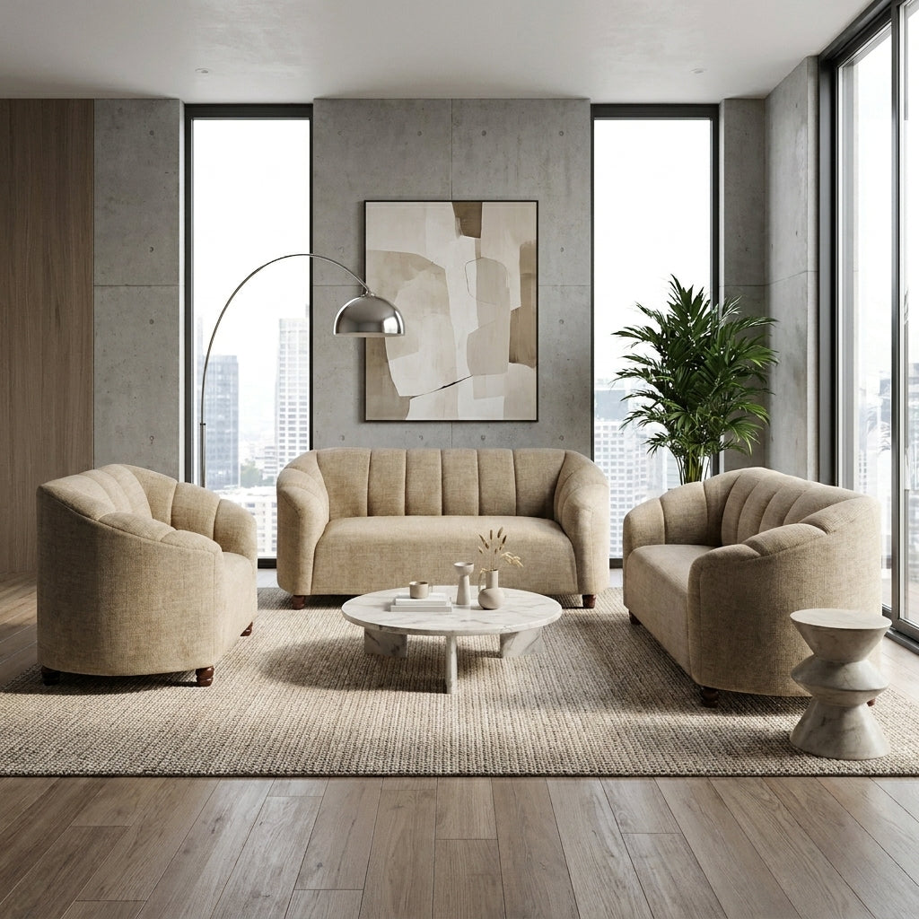 Sala Escultórica Nuvola en Bouclé Crema con Respaldo Canalé - Ambientada Panorámica - Salón Integrado | LEMICH Muebles de Lujo