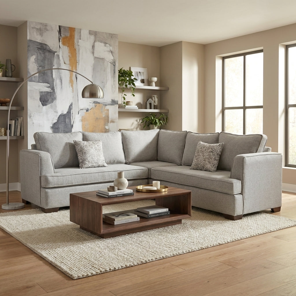 Sala Esquinera Seccional Bologna en Lino Gris Oxford - Ambientada Panorámica - Salón Integrado | LEMICH Muebles de Lujo