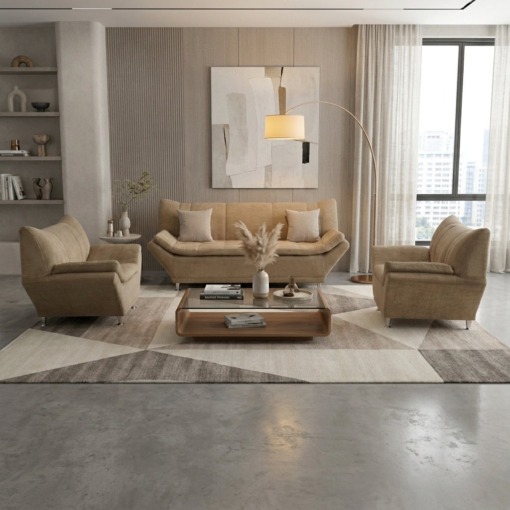 Sala Moderna Sorrento en Chenille Avena y Soportes de Acero - Ambientada Editorial - Espacio Residencial | LEMICH Muebles de Lujo